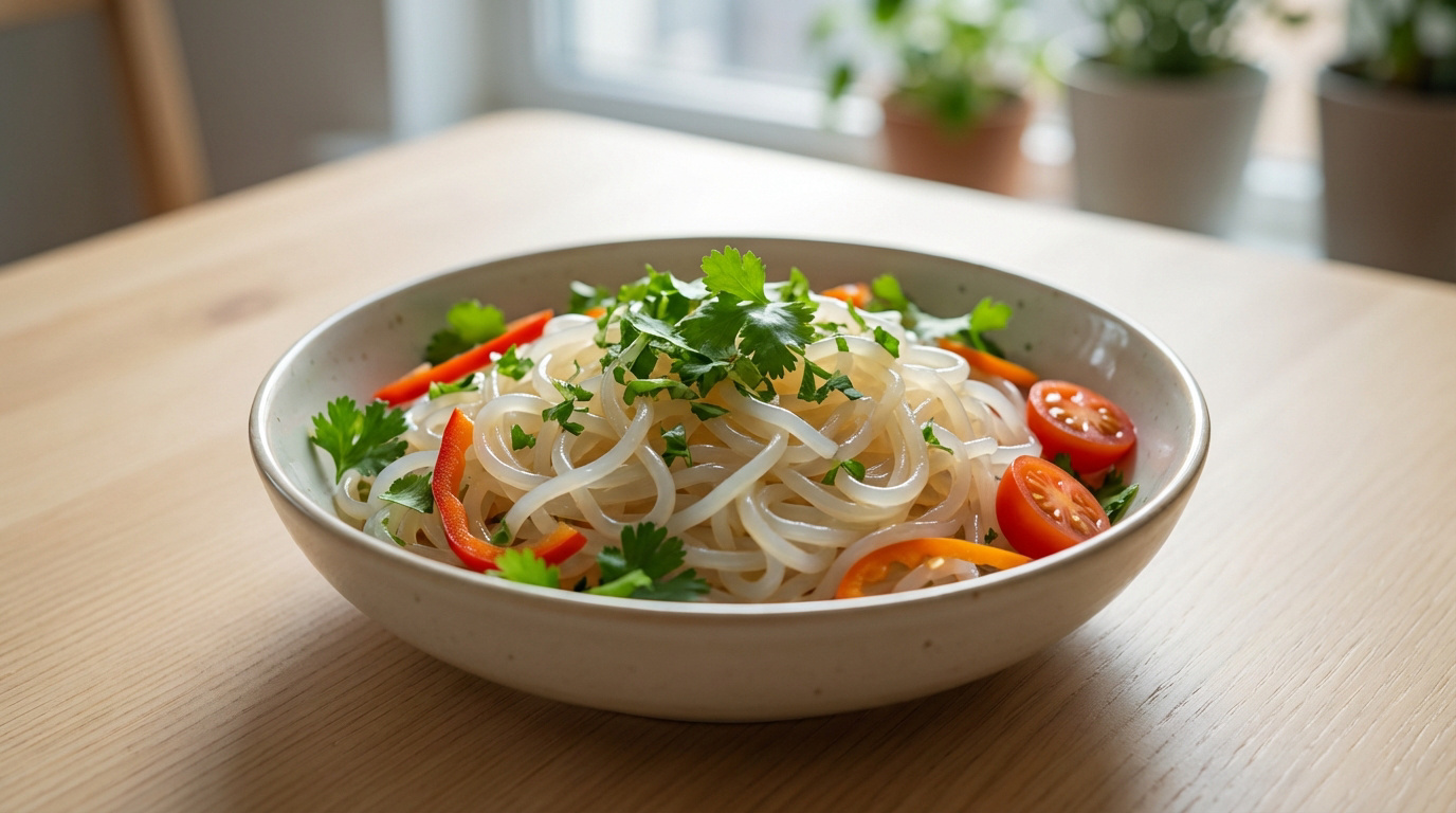Bol de nouilles de konjac Liv translucides avec coriandre fraîche, poivrons, carottes et tomates cerises.